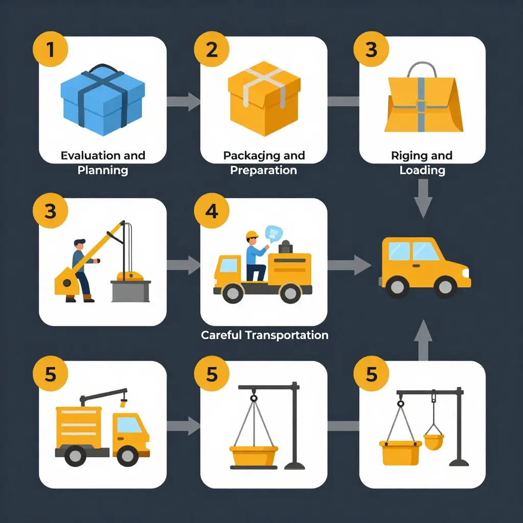 Схема этапов: оценка, упаковка, такелаж, транспортировка, установка