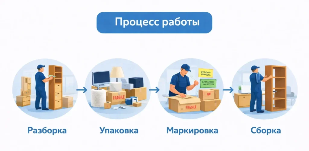 Процесс работы: разборка, упаковка, маркировка и сборка