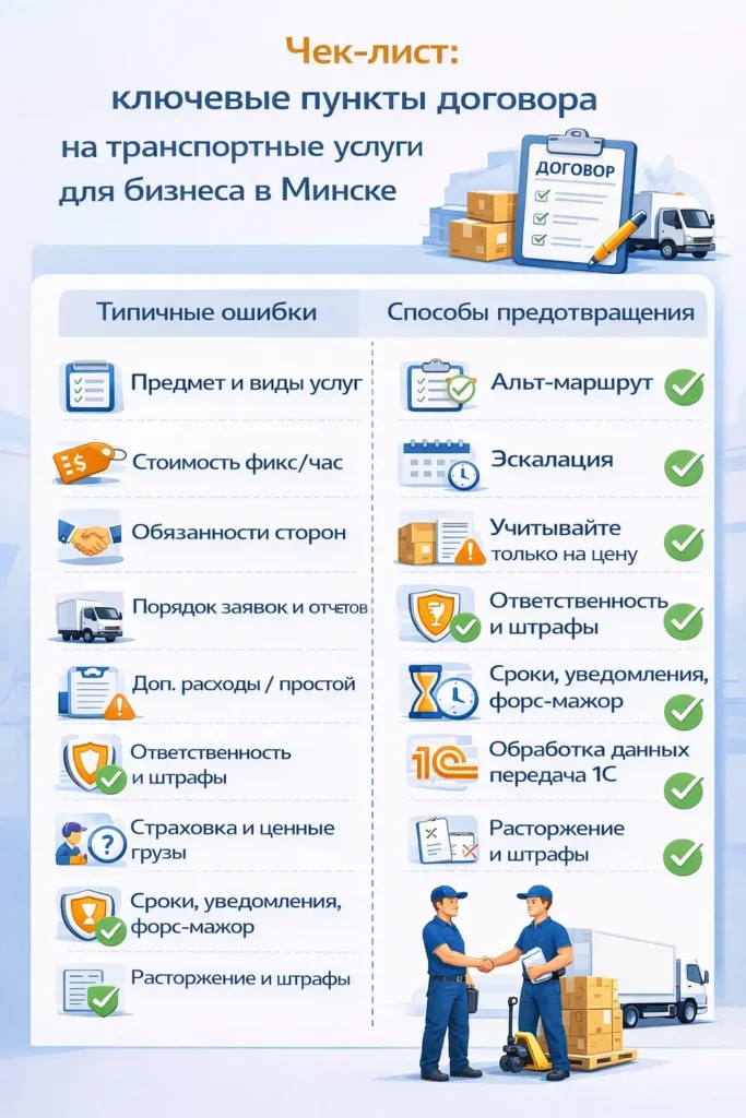Чек-лист ключевых пунктов договора на транспортные услуги для бизнеса в Минске