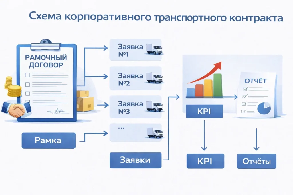 Схема корпоративного транспортного контракта: рамка, заявки, KPI, отчеты