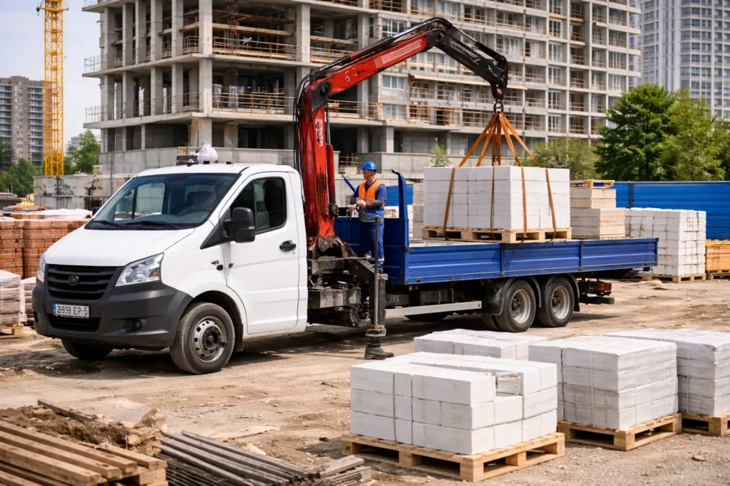 загрузка пеноблоков манипулятором на объекте