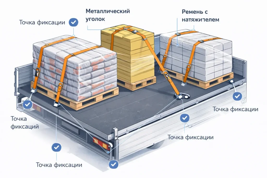 Схема крепления стройматериалов ремнями и уголками, точки фиксации