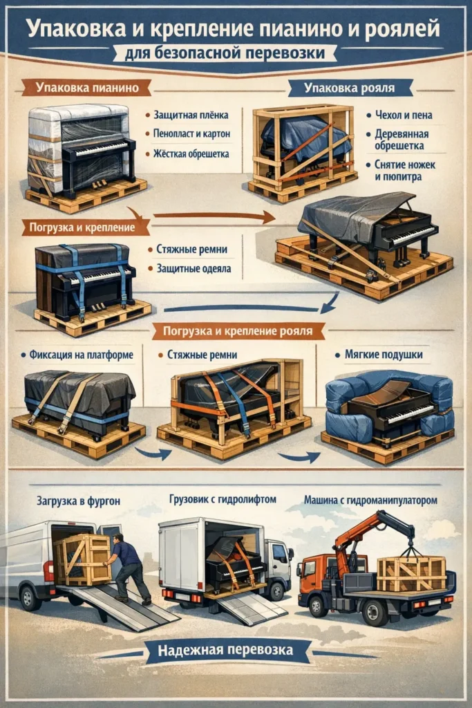 Схема технологий упаковки и крепления пианино и роялей для безопасной перевозки
