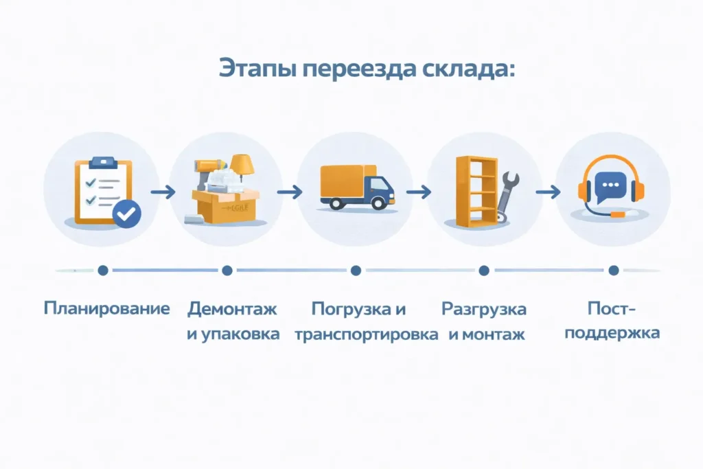 Этапы переезда склада: планирование, демонтаж и упаковка, погрузка и транспортировка, разгрузка и монтаж, пост-поддержка