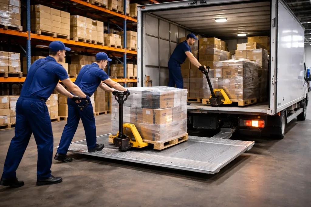 Грузчики выполняют погрузку и разгрузку складских товаров