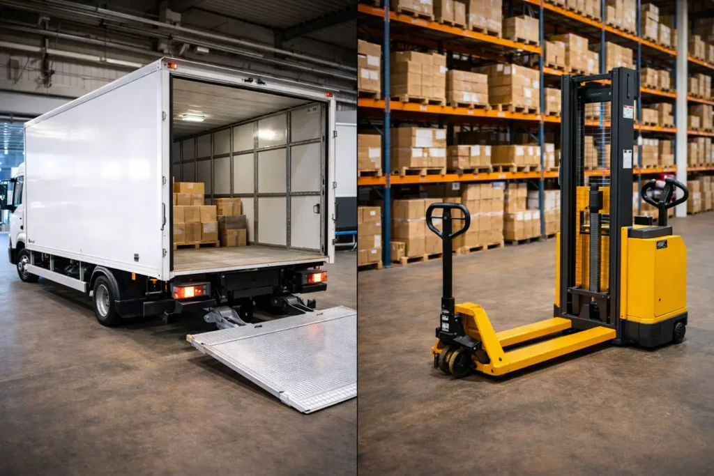 Грузовой автомобиль 5 т с гидробортом", "Рохля и штабелер на складе